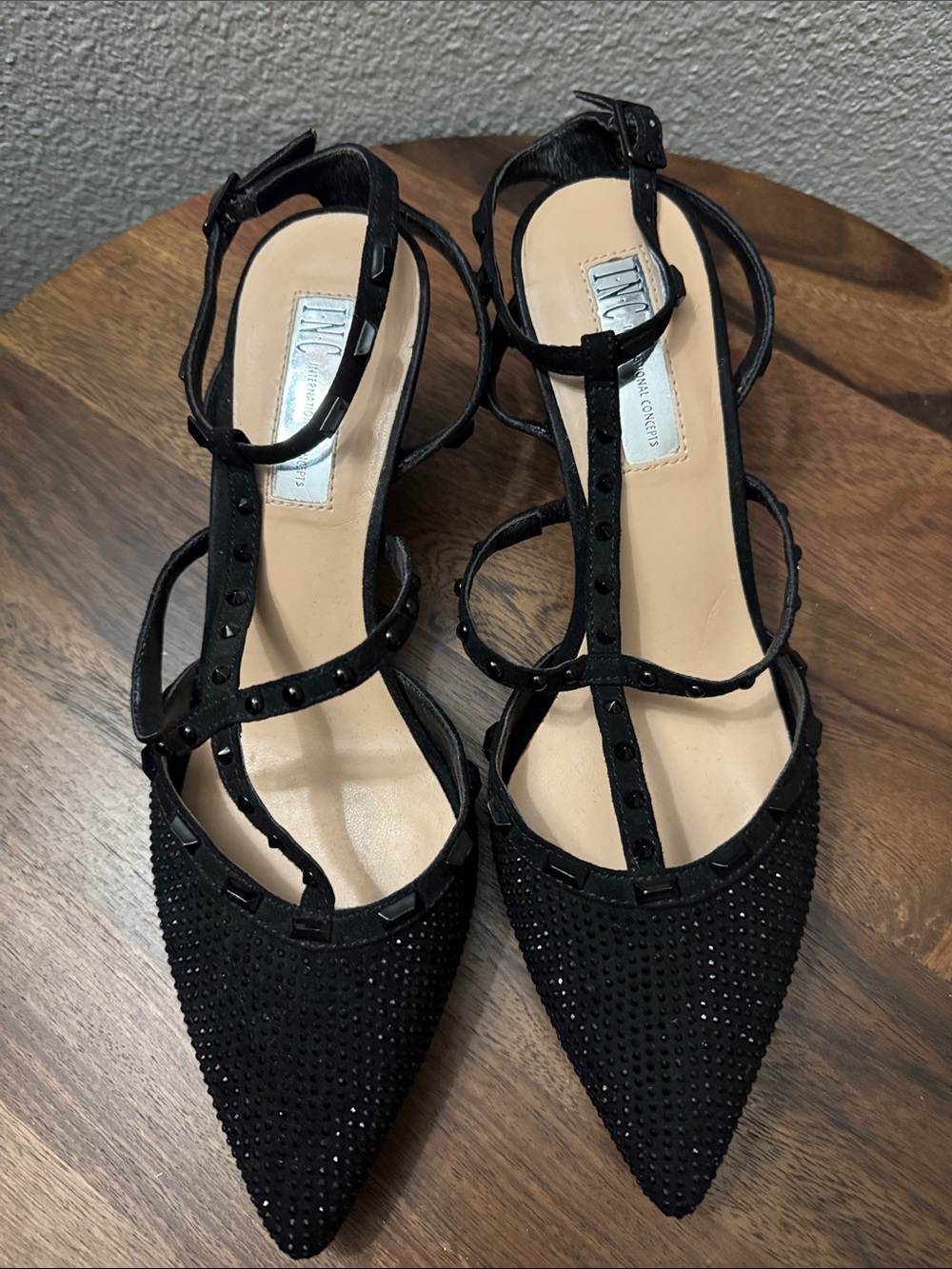 INC International Concepts Black Studded Pointed Strappy Heels